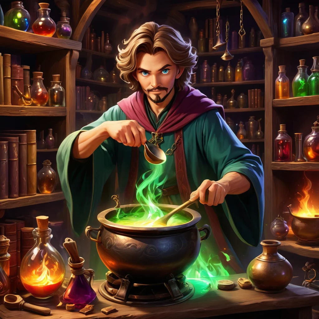 (Potion Brewer: 1.3), (Clothes: Enchanted robes with alchemical symbols, apron stained with potion: 1.0), (Accessories: Magic staff with a boiling cauldron on top, floating bottles of potions, alchemist's amulet: 1.2), (Background: Mystical laboratory with glowing runes, shelves filled with ancient books and mystical ingredients, and a large boiling cauldron: 1.2), (Pose: Standing, stirring the contents of the cauldron with a magic spoon with one hand, casting a spell on the potion with the other hand, eyes glowing with arcane power: 1.5), best quality, masterpiece, detailed soft oil painting, detailed background, dramatic cinematic lighting, soft edge lighting, professional, dramatic lighting, hard edge lighting, ultra quality, 4k, masterpiece, best quality, 8k, ultra high definition, high resolution, extremely detailed