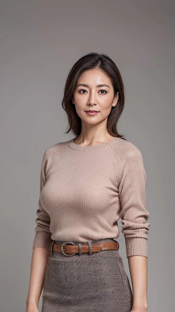 high resolution, High level of image quality, High Detail, masterpiece, Textured Skin, Anatomically correct, sharp, Gray background((Japanese Mature, 30 years old)), solo, ((Wrinkles on the face)), Breasts that are full and well-shaped, Light Brown Straight Hair,Shoulder length, Chubby body (((Stand facing the center of the screen))), Shut up,A faint smile,Gentle woman,charm, sweater, skirt, ((Cowboy shooting)),