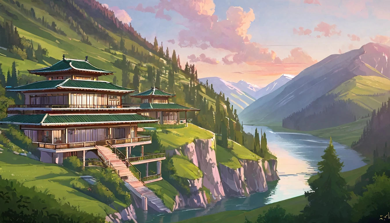 line art, aesthetic art, evening, sunset, clouds, in the valley, surrounded by big mountains, highly detailed architect house on river side, green trees, bushes, sunset light pink colour.