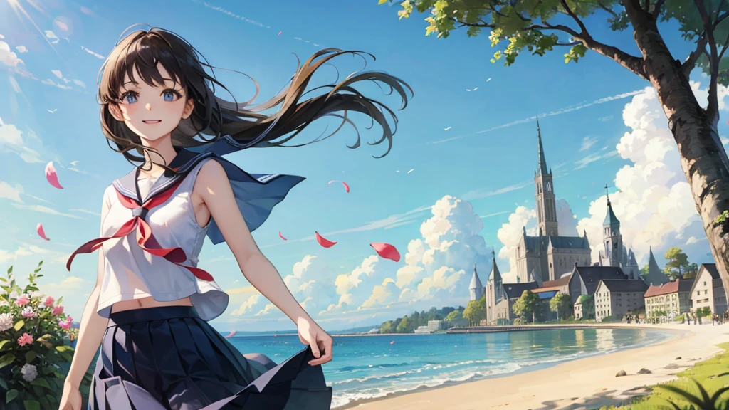 (masterpiece),  town,  blue sky,  One Girl,  smile,  alone,  Sailor suit、Long skirt,  Overgrown,  petal,  plant、Skirt lining、Translucent slip、Nostalgic、Strong winds、Skirt fluttering in the wind