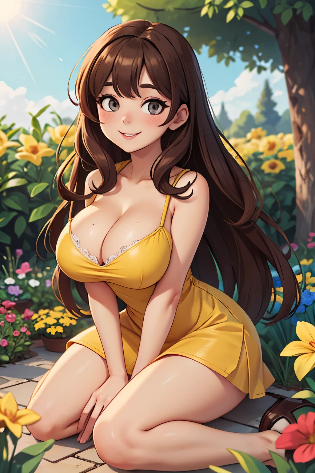 high quality, detailed, half body, woman, 22 years old, (curvy:0.8), long brown hair, grey eyes, (large breasts), cleavage, smile, blush, yellow short dress, garden, sunny weather