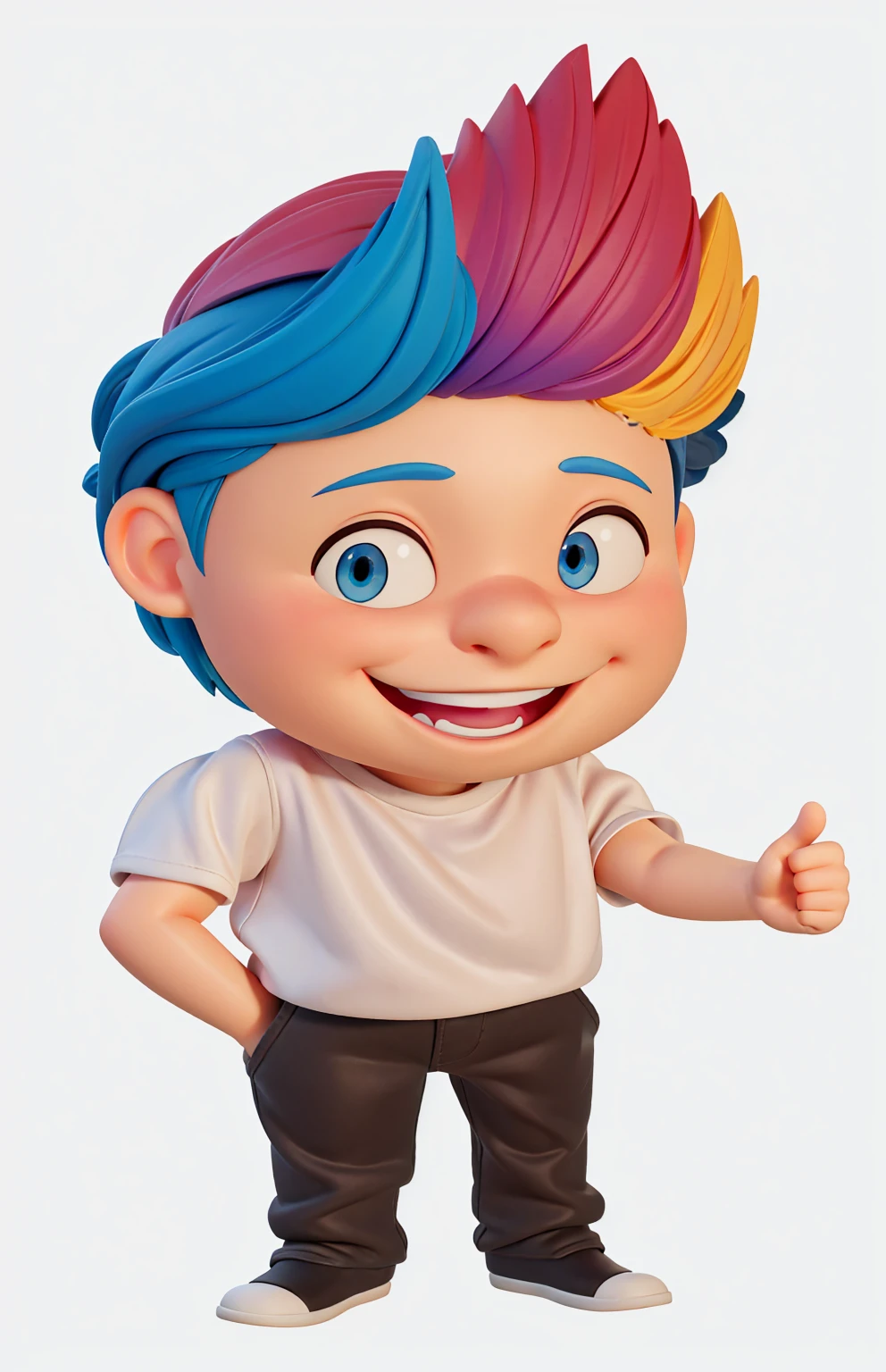 Enhance the image of a full-body 3D character by focusing on a Disney Pixar modeling style. Keep the color palette vibrant, with colorful hair, bright blue eyes, and a smile showing off your top teeth. The character's left hand should be giving the thumbs up sign, while the character's right hand is in their pocket. Ensure the final image has a polished finish with high-quality 3D rendering. The character should have a clean, detailed look, with soft shadows and realistic lighting. The final image must be rendered in 8K quality. The background can be simplified or replaced with a more neutral environment if necessary.