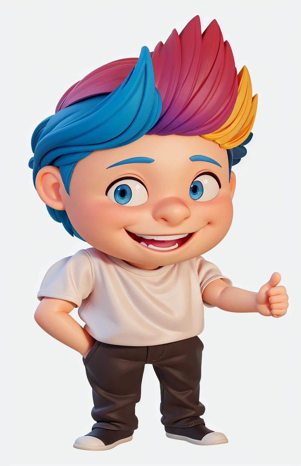 Enhance the image of a full-body 3D character by focusing on a Disney Pixar modeling style. Keep the color palette vibrant, with colorful hair, bright blue eyes, and a smile showing off your top teeth. The character's left hand should be giving the thumbs up sign, while the character's right hand is in their pocket. Ensure the final image has a polished finish with high-quality 3D rendering. The character should have a clean, detailed look, with soft shadows and realistic lighting. The final image must be rendered in 8K quality. The background can be simplified or replaced with a more neutral environment if necessary.