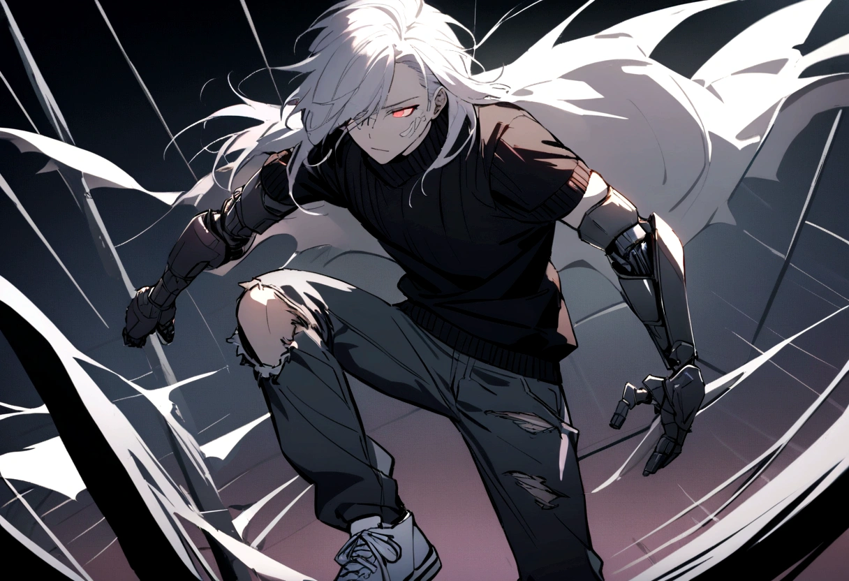 A guy with shoulder-length white hair and light red eyes. He also wears a white facial prosthetic with a light lilac piece attached later on the side of his right eye., which is glued to the rest of the prosthesis.wore a black jumper, ripped red jeans and blue and white sneakers