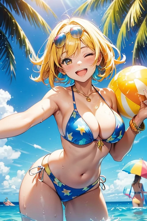 A woman standing on a sunlit beach or by a shimmering pool, radiating joy with a big, genuine smile. She’s wearing a bright, cheerful swimsuit, such as yellow or a playful pattern that enhances her sunny disposition. Her eyes might be closed as she tilts her face toward the warm sunlight, or she could be laughing while holding a colorful beach ball or a tropical drink with a smiley-face stirrer. The background features the vibrant blue of the water, a clear sky, and a lively atmosphere with elements like beach umbrellas, inflatables, and palm trees, all bathed in the golden sunlight.