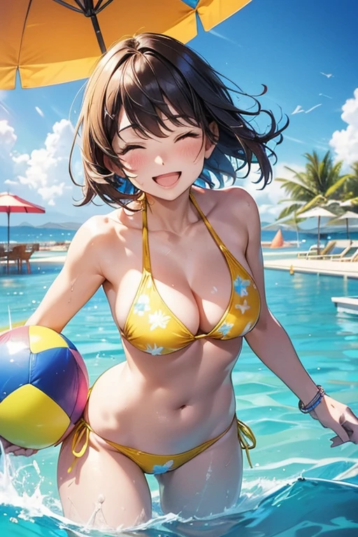 A woman standing on a sunlit beach or by a shimmering pool, radiating joy with a big, genuine smile. She’s wearing a bright, cheerful swimsuit, such as yellow or a playful pattern that enhances her sunny disposition. Her eyes might be closed as she tilts her face toward the warm sunlight, or she could be laughing while holding a colorful beach ball or a tropical drink with a smiley-face stirrer. The background features the vibrant blue of the water, a clear sky, and a lively atmosphere with elements like beach umbrellas, inflatables, and palm trees, all bathed in the golden sunlight.