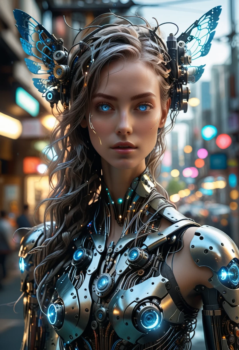 photo Raw, realistic, realism, Super detail, (female Protogen),cyberpunk,mechanical,glowing eyes,metallic surface,digital display,advanced technology,futuristic,neon lights,electromagnetic field,sharp edges,streamlined design,digital organism,biomechanical,mysterious atmosphere,glass visor,enhanced senses,energetic pose,invisible circuits,holographic projections,colorful wires,female cyborg