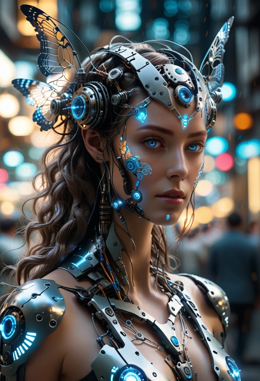 (best quality, 8k, masterpiece, highres, ultra-detailed), photorealistic, cyborg creature, beautiful, human, machine, iridescent metallic skin, glowing blue eyes, cascade of wires and gears, mechanical wings, delicate petals, bioluminescent flowers, garden, mesmerizing, unsettling, ethereal, otherworldly, cyberpunk, fantasy, intricate details, realistic anatomy.