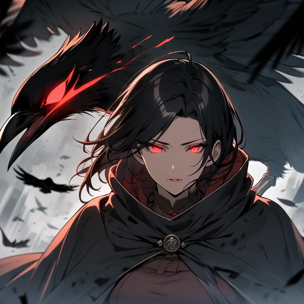 woman, red eyes, black hair, crow, glowing eyes, parted bangs, dark, cloak, mature