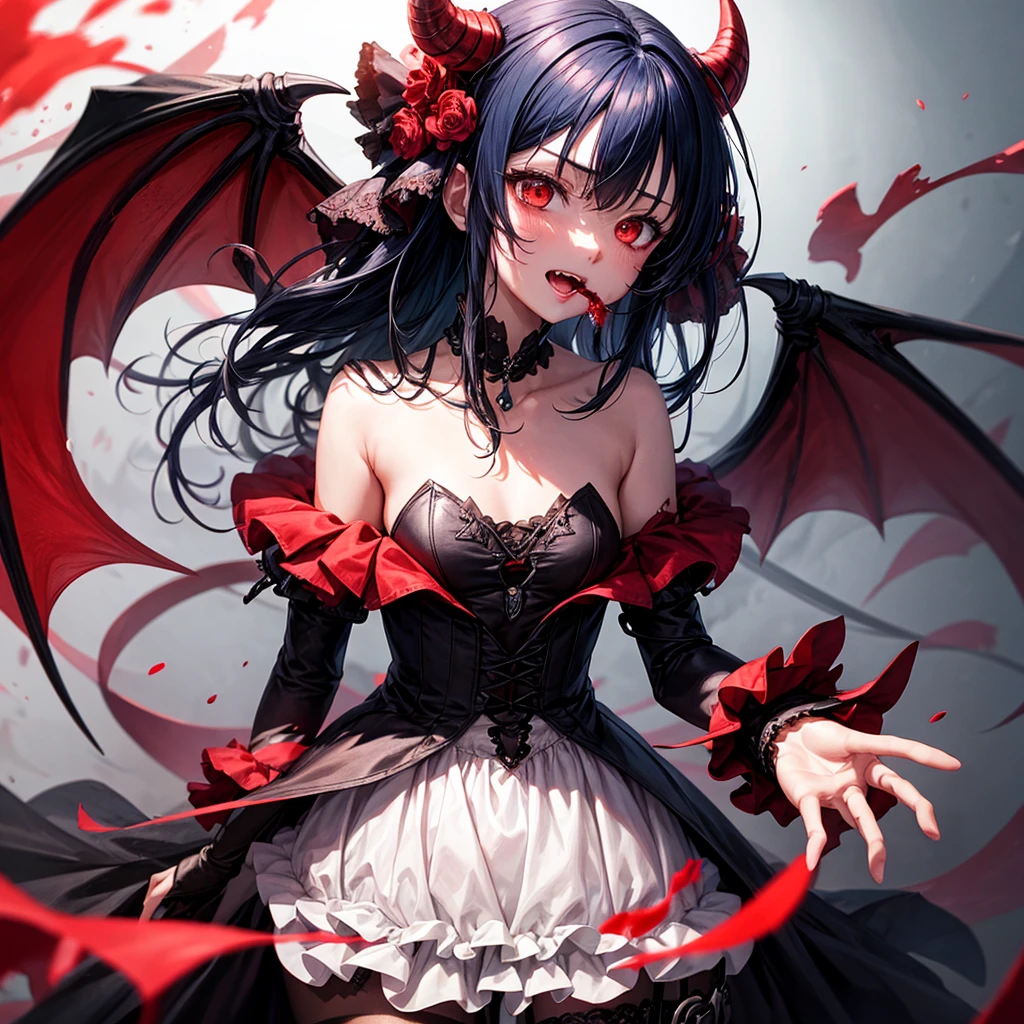 His chest was covered in blood、Anime girl with blood dripping from her chest, gapmoe Yandere grimdark, Shatia Bradfren, Bad guy anime 8k, Yandere intricate, portrait gapmoe Yandere grimdark, Vampire Girl, bloody + Concept Art, Yandere, Anime style 4k, Blood at the corner of mouth，Small tiger teeth，Devil Wings， Gothic girl anime long skirt，Red Moon，castle