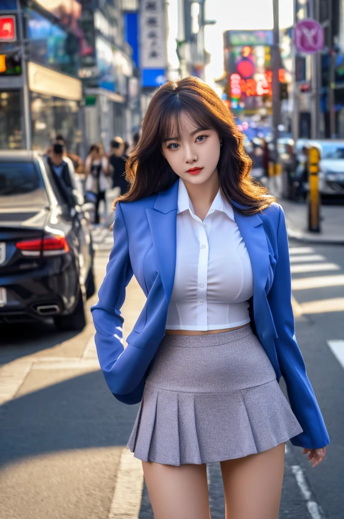 a 19 year old face of the most beautiful actress in the world, the perfect body proportions of a female, tight blazer is covering shirt of upper body, panties between bare legs are seen just a little thanks to skirt of lower body is too short, bare thighs, bra under formal shirt is covering large breasts, at the city street, standing, nsfw, best quality, highly detailed, masterpiece, ultra high res, photo realistic, 8k