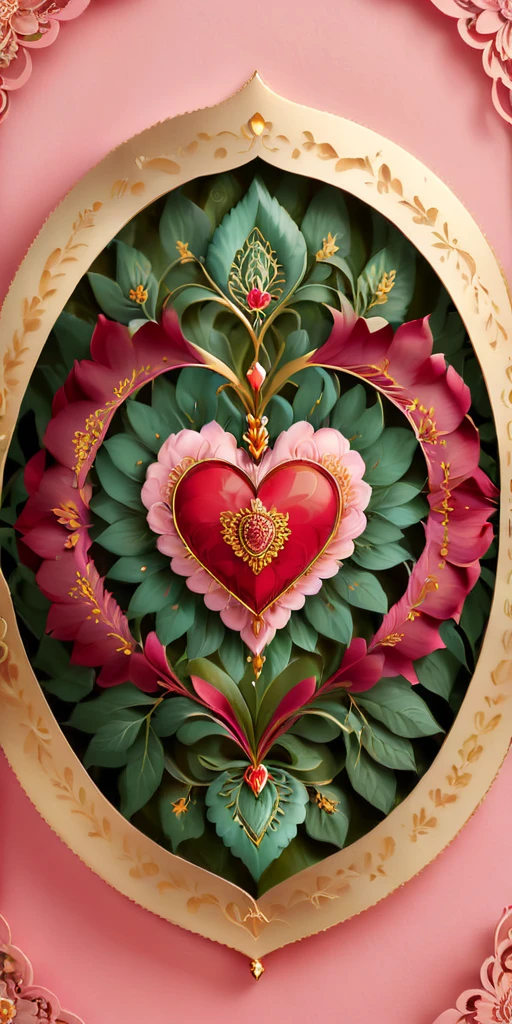 1 red heart at center, pastel pink background and mandala motifs