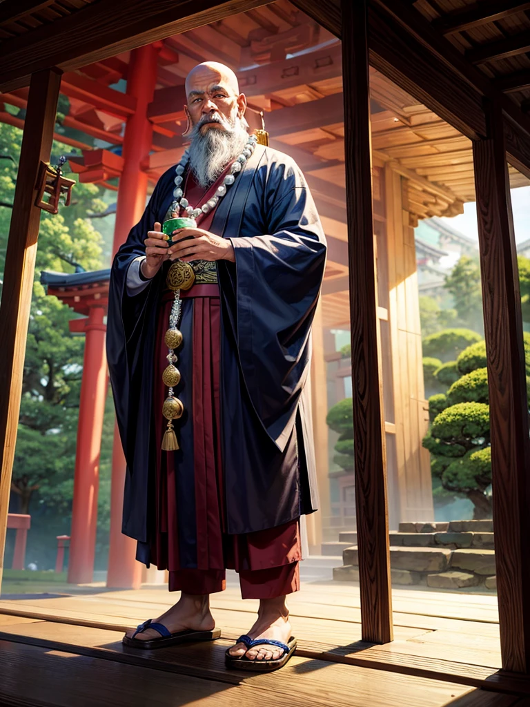 Highest quality,Highest Resolution,An old monk holding a rosary,Temple grounds,Japan,Skinhead,Standing posture,Crystal Jade,Boxing,
