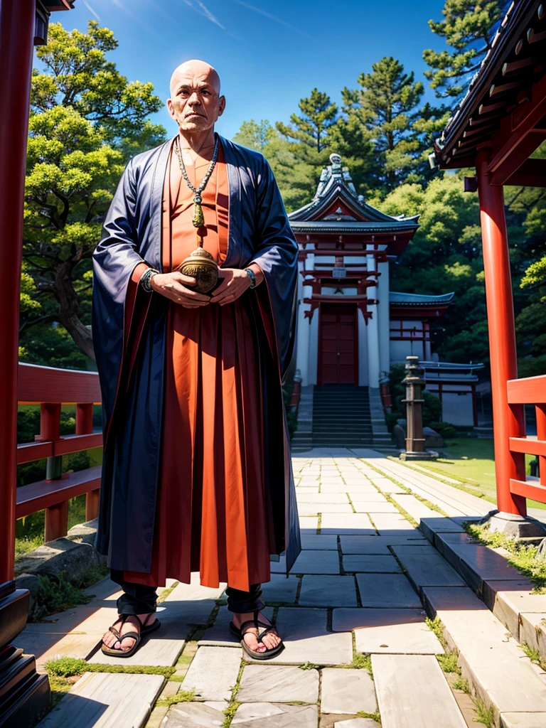 Highest quality,Highest Resolution,An old monk holding a rosary,Temple grounds,Japan,Skinhead,Standing posture,Crystal Jade,Boxing,