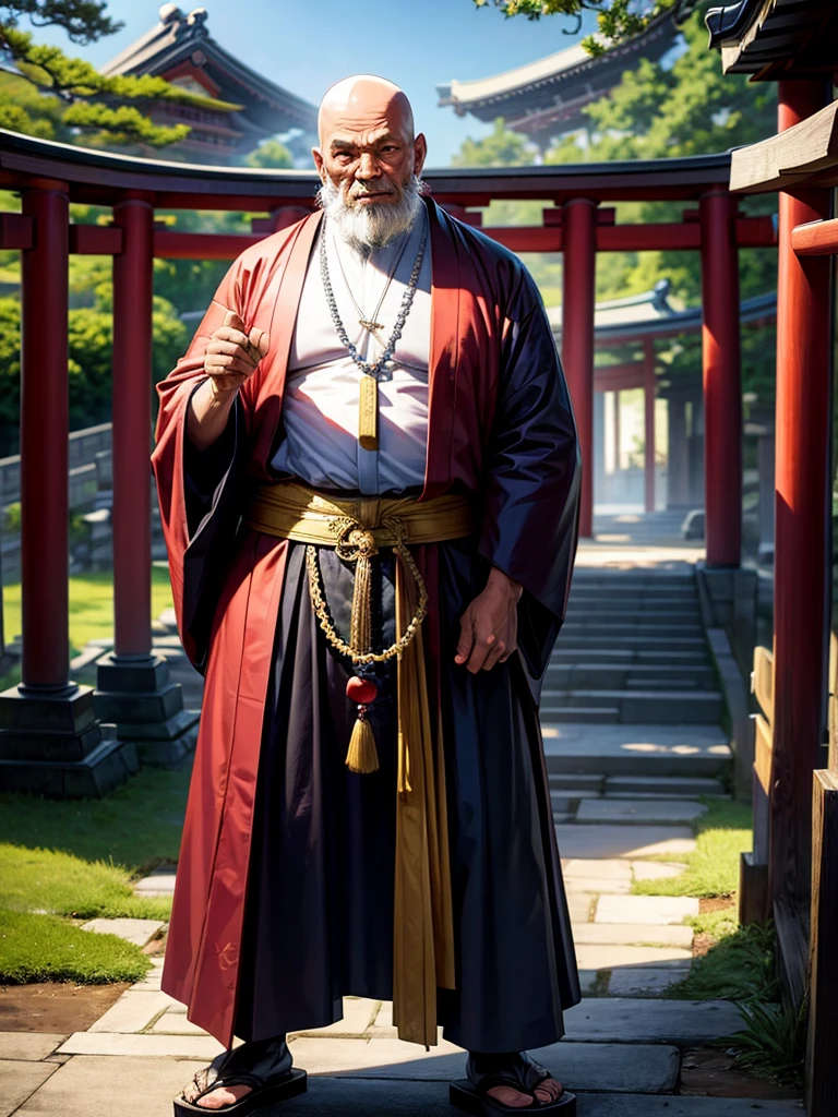 Highest quality,Highest Resolution,An old monk holding a rosary,Temple grounds,Japan,Skinhead,Standing posture,Crystal Jade,Boxing,