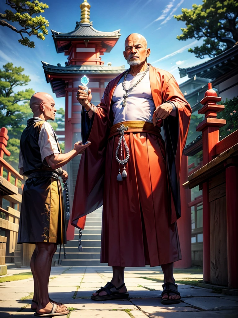 Highest quality,Highest Resolution,An old monk holding a rosary,Temple grounds,Japan,Skinhead,Standing posture,Crystal Jade,Boxing,