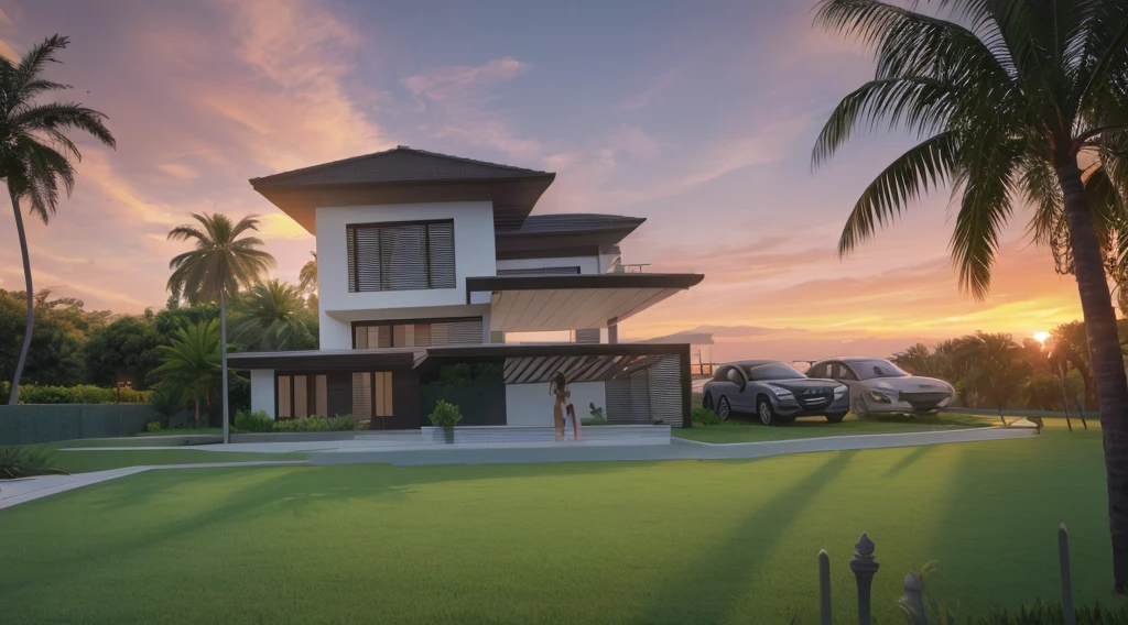 arafed view of a modern villa ,  sunset time, a green grass, green landscape, coconut tree, cars, architectural render, architectural visualization, architectural rendering, large modern residence, architectural 3 d render, award-winning render, stunning render, modern, realistic, interior architecture, Art Deco, depth of field, motion blur, cinematic lighting, vignetting, highres, high quality, high details, masterpiece