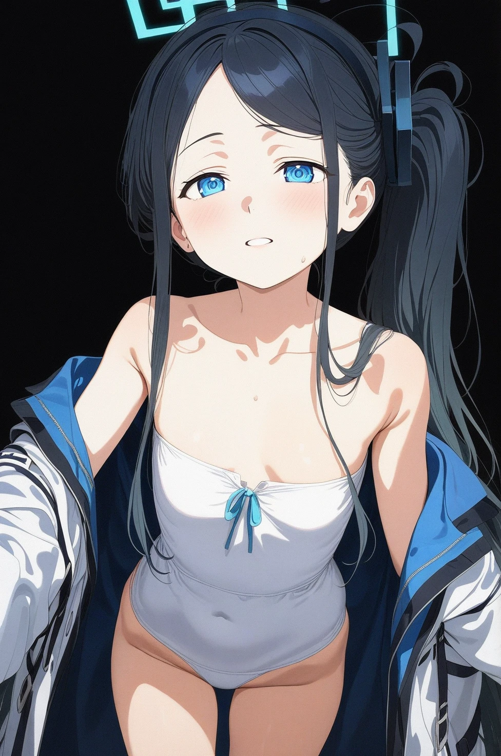 best quality, amazing quality, very aesthetic, absurdres, 1girl, aris (blue archive), blue archive, blue eyes, strapless, (artist official art:1.5), (realistic face), (narrowed eyes), (cowboy shot), ), , (thigh), expressive eyes, perfect face, 4k, extremely detailed anime illustration, extremely detailed eyes, enhanced details, perfect anatomy, light rays, photo background, extremely delicate body, smooth skin, feminine expression, (black background:1.5), cristal clear eyes, beautiful face,