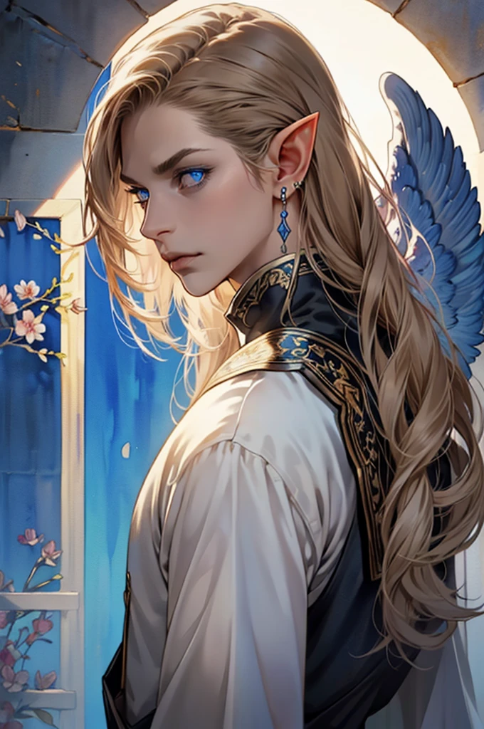 (masterpiece:1.2, best quality), (exquisite eyes: 1.2), ((solo)), (blue eyes:1.4), (exquisite eyes and exquisite face:1.3), ( beautiful and clear background: 1.2), (extremely detailed CG, super detailed, best shadows: 1.1), ((depth of field)), ((watercolor)), Beautiful Concept Art, (dark Background: 0.5), (Illustration: 1.1), (Extremely Delicate: 1.1), (Perfect Details: 1.1), Profile, long hair ,light brown hair,, solo,male, elf ears, ear piercings , black armor, full sleeves, black clothes,Fulllength, angry, angel wings, halo
