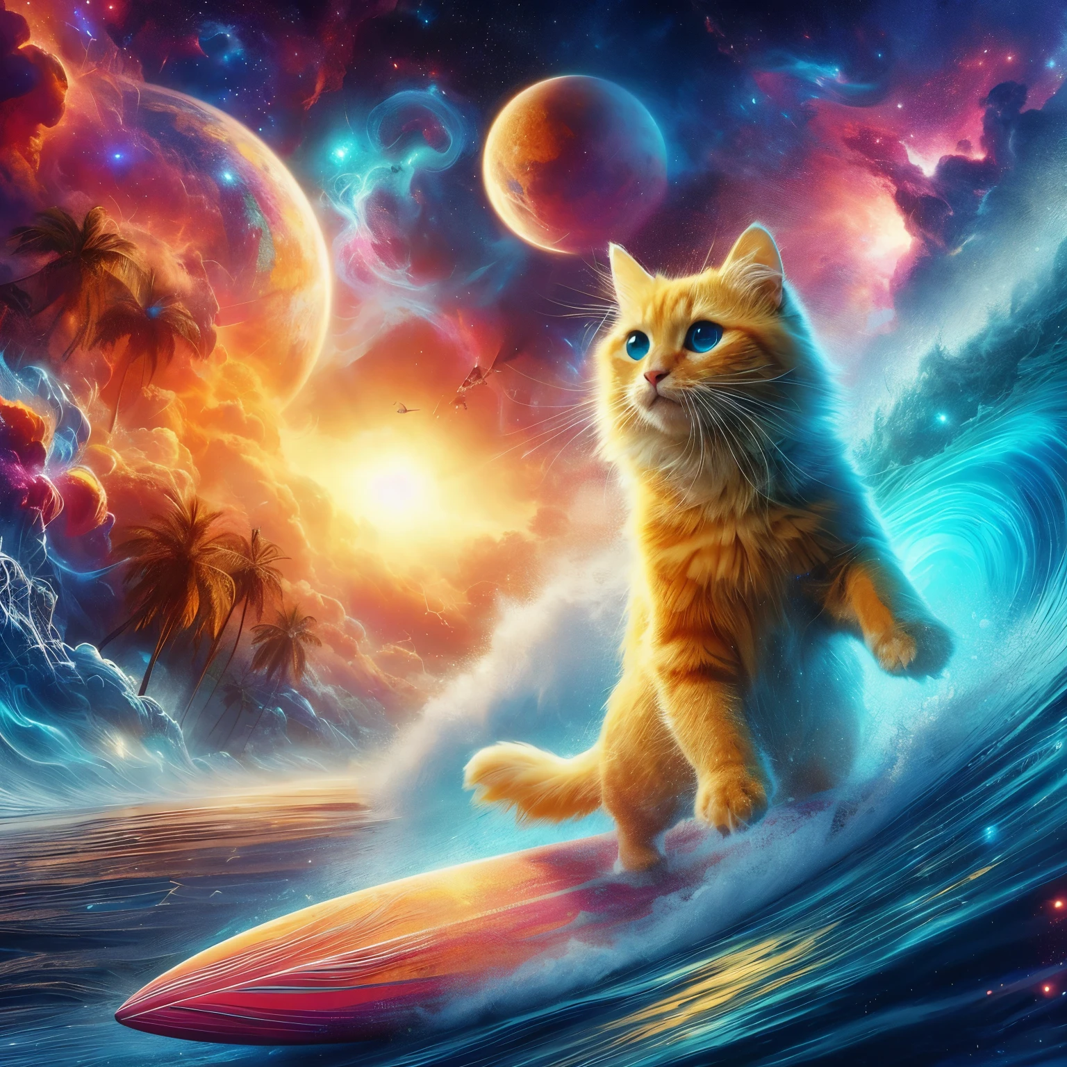 the bravest wild surfboarding yellow cat in a dramatic storm, 8k resolution, all the planets of the universe all the flowers of the sea all the beauty of this glowing earth for only few to see.