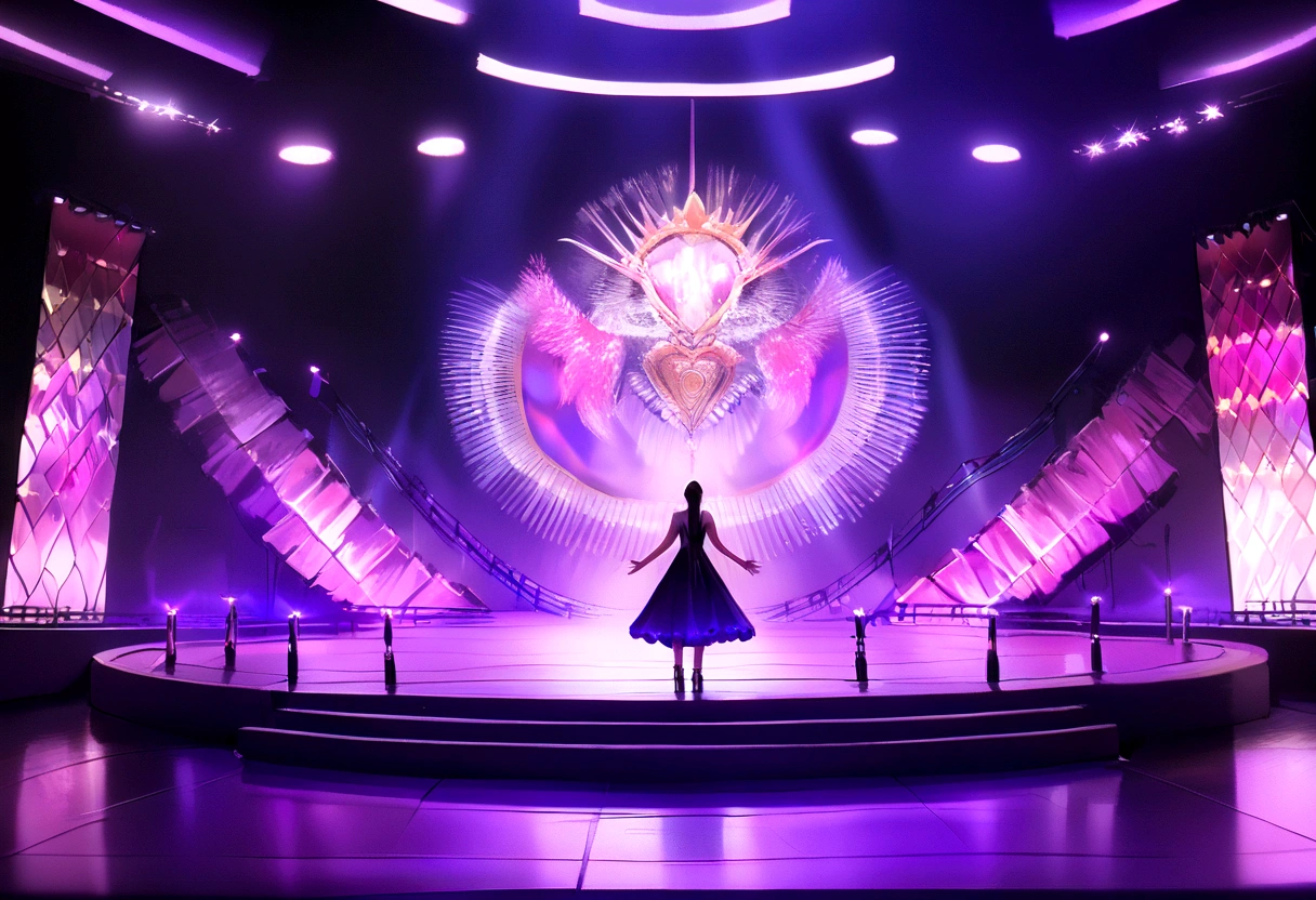 (best quality,4K,8k,high resolution,masterpiece:1.2),Super detailed,(actual,photoactual,photo-actual:1.37),weekend,seated on a throne,gold crown,Royal purple velvet robe,exquisite jewelry,Stage lighting illuminates the scene,confident expression,slim microphone,Smoky atmosphere,Beautiful and delicate eyes,Beautiful and delicate lips,Shadow background,glowing spotlight,electric atmosphere,Concert scenes,Pulsating neon lights,gleaming stage floor,intense emotion,Energetic performance,bright colors,soulful resonance,sharp focus,laser show,moving stage effects,Large crowd,mysterious aura,Melodic Soundwave,Futuristic visuals,eye-catching stage design,CuttingEdgeTechnology,The atmosphere is lively,Modern entertainment experience,World class production,music and imagery,ArtisticExpressions,musical genius,Charming stage presence