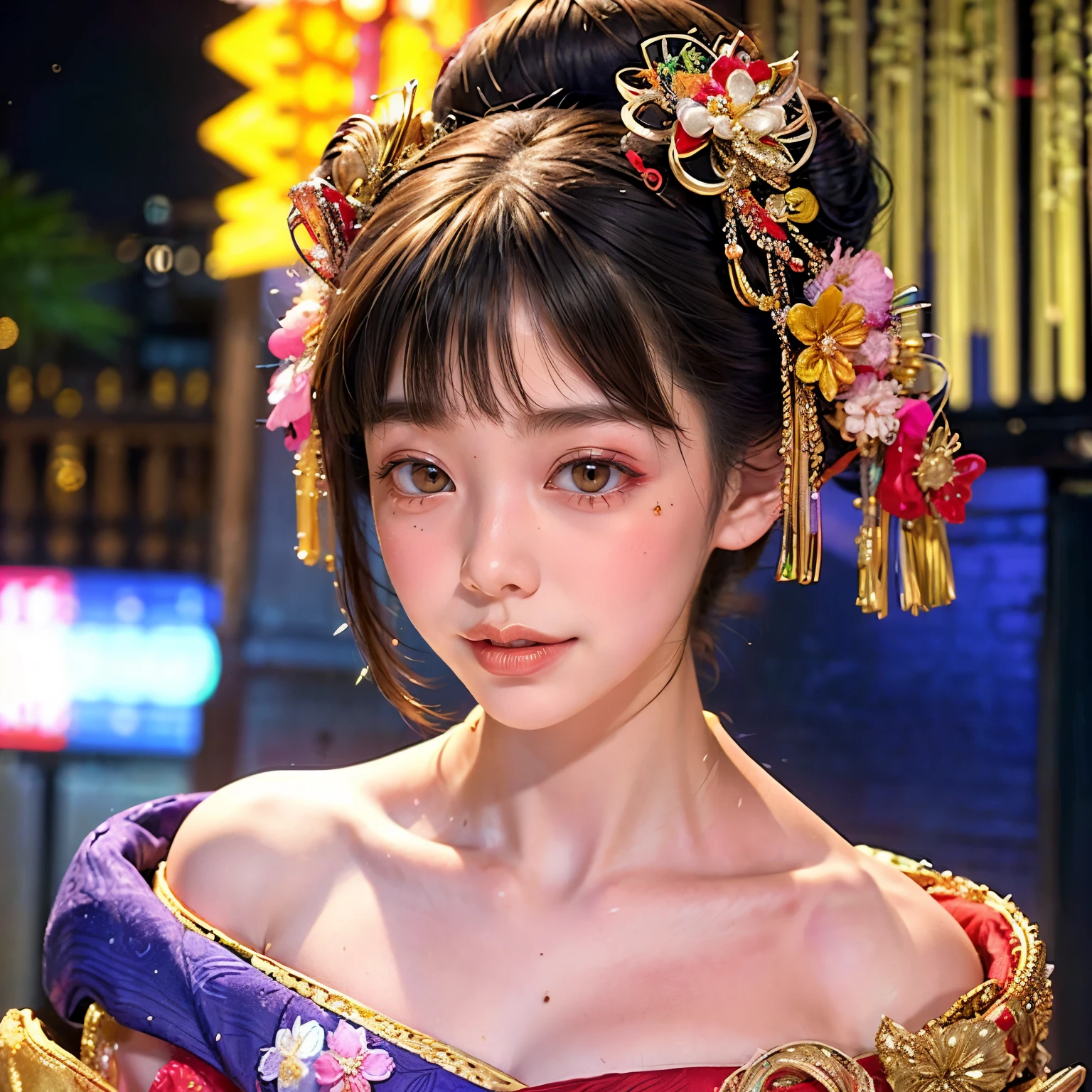 (PUNIPUNI clavicle KIMONO ((offshoulder)) KANZASHI FlowerHairpins Topknot TwinBun Oiran-Hair)High-level, 8K Masterpiece TopQuality, Ultra-detailed CG, Absurd detailed wallpaper, PerfectLighting, Extremely detailed (((Personifying " OIRAN " as a KAWAII Girl))), Characteristic Items, aesthetic LifeLike Rendering, MysticSight, Haze Tyndall Scattering, (Studio DARK Background with (Oodles Dazzling Iridescent 🌈Particles (BokeH))), (((Assfocus)) RoundlyButt) ThighGap, (Exposed:0.55) 🔞 BREAK (Acutance:0.8), (NOGIZAKA FaceVariations) Extremely Detailed very KAWAII FaceVariations, Childish CaptivatingGaze ElaboratePupils ParfectEyes with (SparklingHighlights:1.28), (Voluminous LongEyelashes:0.88), 💄💋✨ GlossyRedLips with BeautifulDetails, CoquettishTongue, PUNIPUNI RosyCheeks, Radiant PearlSkin with Transparency, Glowing DowneyHair . { (Dynamic LifeLike expressions:1.4) | (:d) }, (large eyes:-1) .