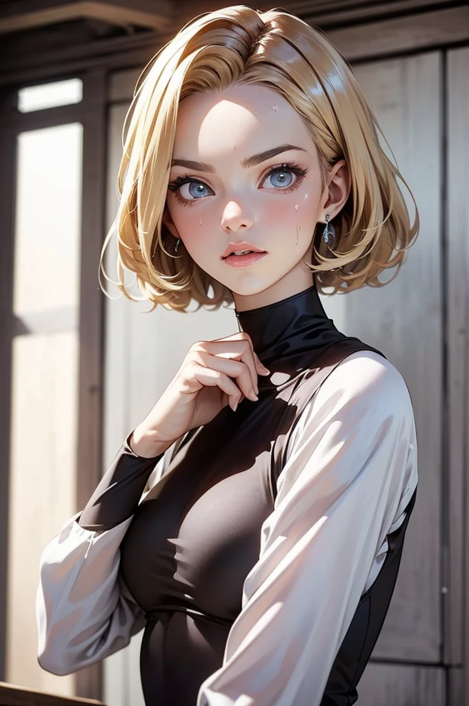 ((perfect anatomy:1.2,realistic:1.3,RAW Photography:1.3,masterpiece、highest quality、Ultra - High resolution、High resolution、Highly detailed CG、8K)),cowboy shot,1 female,solo,18-year-old、High school girl beautiful girl, Japanese,((beautiful detailed face and eyes:1.2,big gorgeous eyes:1.3,)),blonde hair,short hair,(center parted hair:1.4,forehead),large breasts,slender body,small head:1.3,skinny,(brown skin:1.3),(oily skin,gleaming skin,shiny skin,sweat)