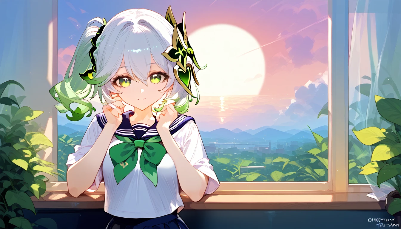 score_9,score_8_up,score_7_up,
1girl,solo,nahida,genshin impact,closed mouth,,at school,(school uniform:1.2),,looking at viewer, smile, windows, sunset, at desk,sun, clouds, greenery