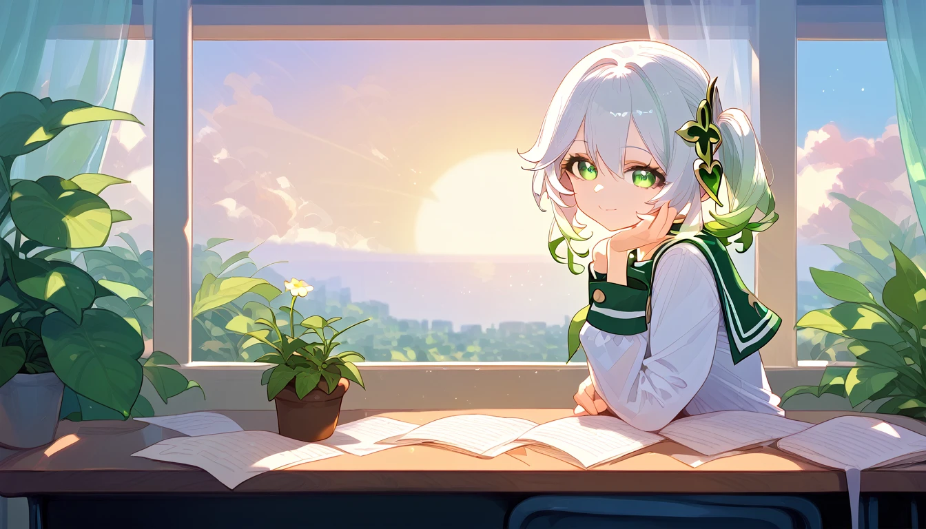 score_9,score_8_up,score_7_up,
1girl,solo,nahida,genshin impact,closed mouth,,at school,(school uniform:1.2),,looking at viewer, smile, windows, sunset, at desk,sun, clouds, greenery