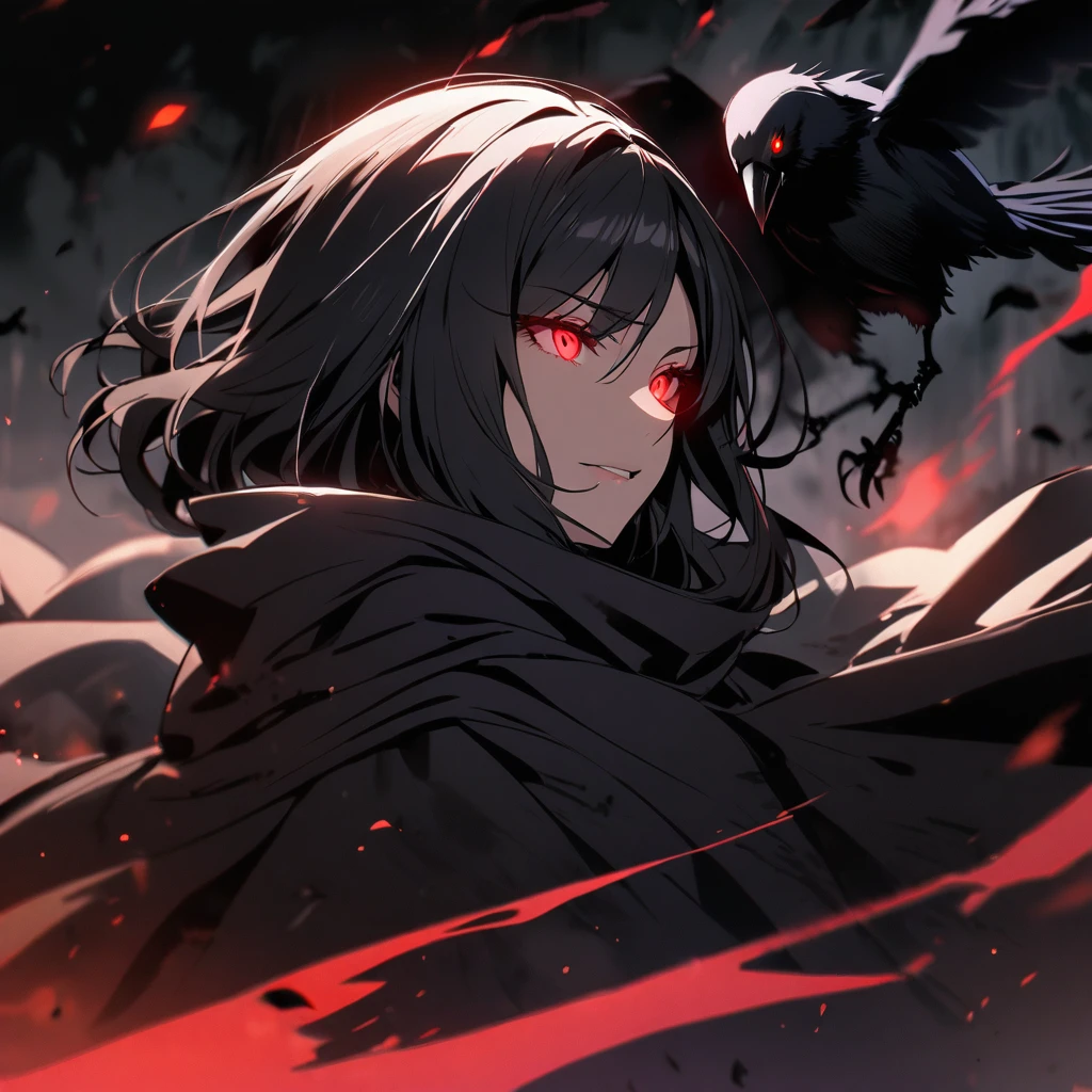 woman, red eyes, black hair, crow, glowing eyes,  dark, cloak, mature