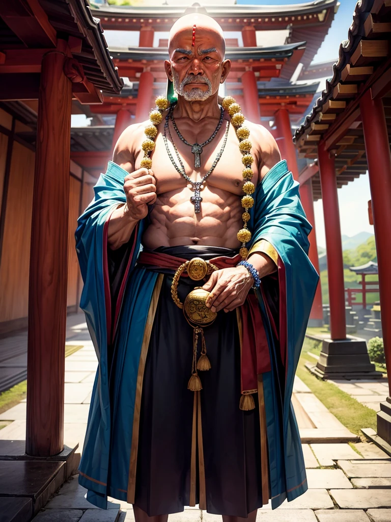 Highest quality,Highest Resolution,An old monk holding a rosary,Temple grounds,Japan,Skinhead,Standing posture,Crystal Jade,Boxing,