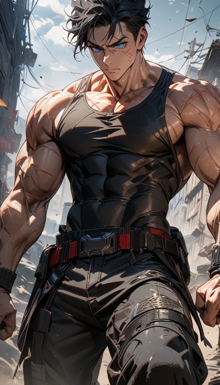 Adult male, long black hair, blue eyes, muscles, scars, black tank top, superhero pants, Masterpiece, best quality, Full HD, 8k, ultra details, great graphic