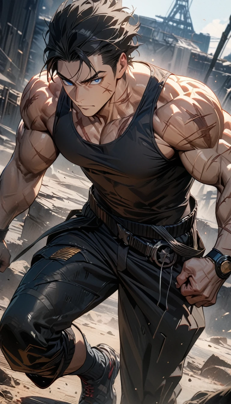 Adult male, long black hair, blue eyes, muscles, scars, black tank top, superhero pants, Masterpiece, best quality, Full HD, 8k, ultra details, great graphic