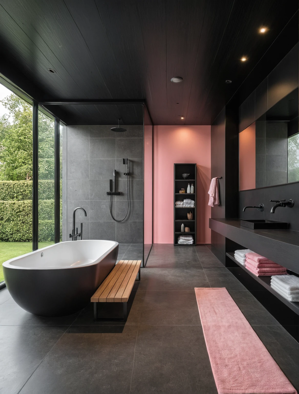 Raw photo,Masterpiece, high quality, best quality, authentic, super detail, interior, indoors, ((bathroom style modern luxury)), sunset, day light, window , overlooking the garden, ((black and pink tones)), bathtub, faucet, shower, lavatory, glass wall, towels, bottles, mirror, black wooden ceiling