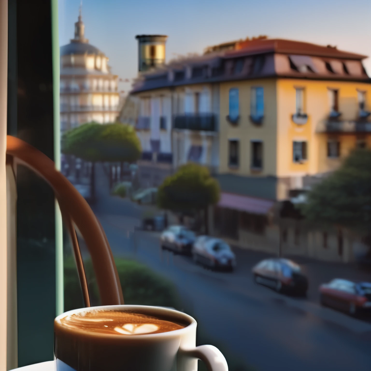 la vue depuis la fenêtre sur la ville , il y a une belle tasse de café chaud sur le rebord de la fenêtre, de la vapeur sort du café