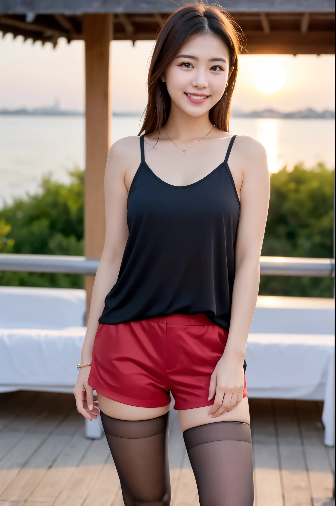 ulzzang-6500-v1.1, (RAW Photos:1.2), (Photorealistic), Beautiful detailed girl, (Genuine: 1.4), (masterpiece), 1 Girl, Photo Model, smile, Focus on the audience, Beautiful lighting, Highest quality, masterpiece, Ultra-high resolution, Realistic, Black Hair, Short tank top, Shorts, Ultra-realistic pantyhose、super Realistic stockings, Medium chest, White skin,( Sunset background:1.4), Walking along with a smile、Full Body Shot:1.2, Joy、delight、Happiness、