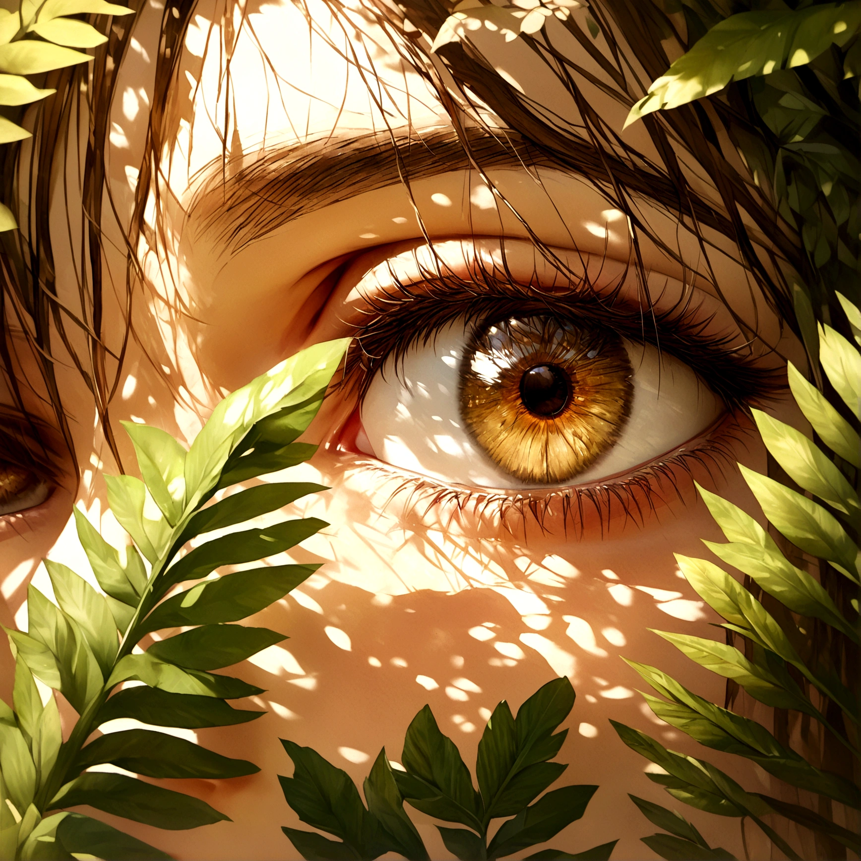 A peaceful, detailed close-up of an eye with a soft green and brown iris, framed by graceful fern leaves and small blooming flowers. The iris shows a reflection of a quiet forest clearing with dappled sunlight filtering through the trees. Created using: hyper-realistic textures, intricate detailing, soft and natural colors, HD quality.