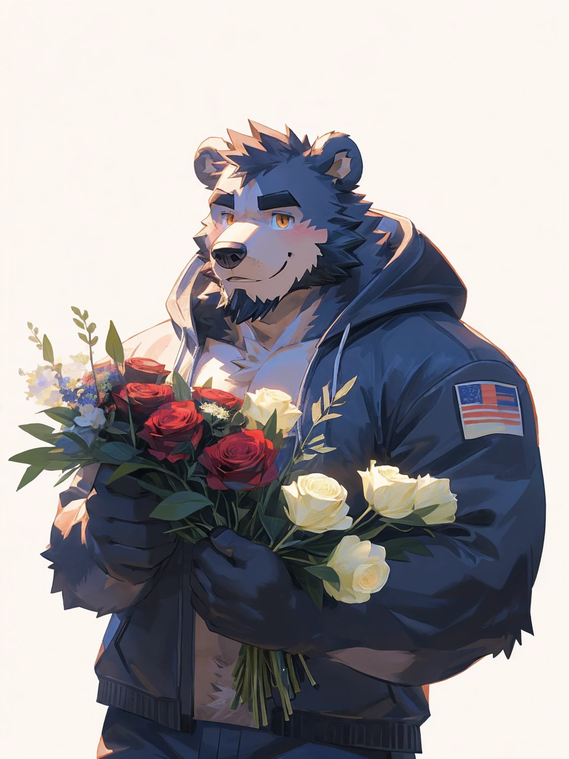 (masterpiece:1.2), best quality,pixiv,official art,perfect anatomy, (Ray tracing, light),solo, (1_male:1.3) , (muscle), (grey fur:1.4), (muscle bear), (beard:1.2), (gleaming golden eyes), bear tail, Thick black eyebrows, (open hoodie :1.3) , (naked inside:1.2), cargo pants, portrait , (white background:1.3) , (holding big bouquet:1.3), smile in tears
