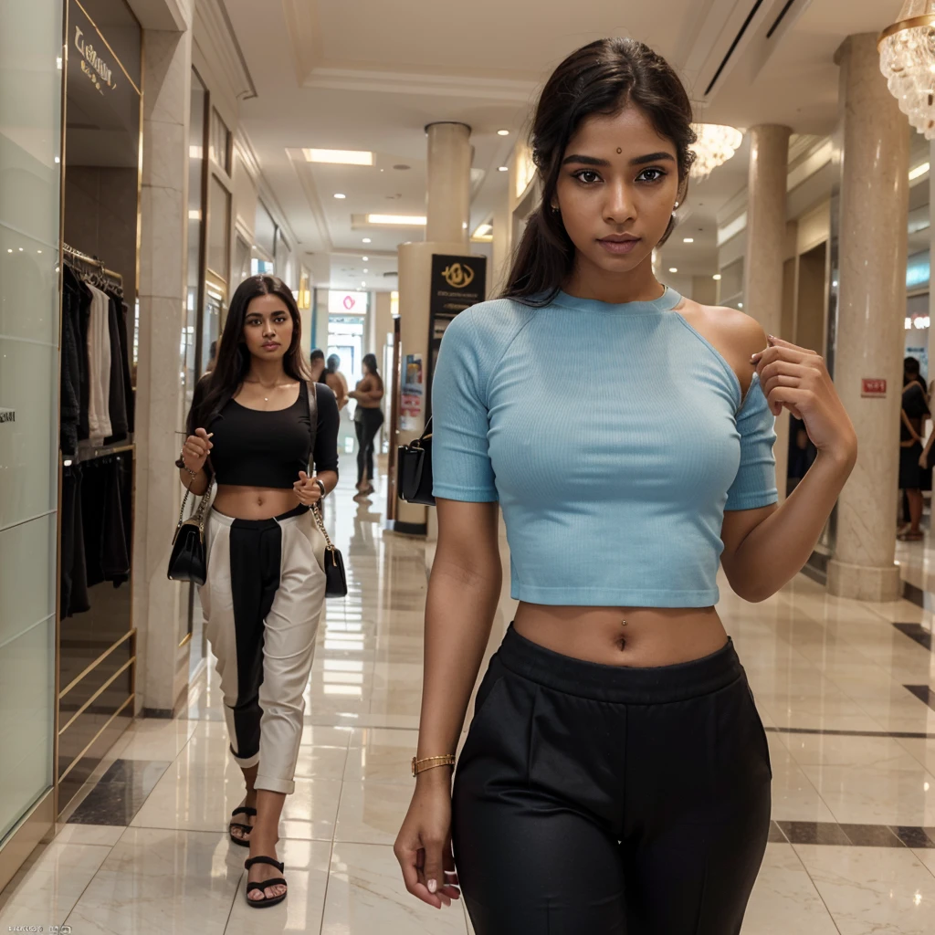best quality,4k,8k,highres,masterpiece:1.2),ultra-detailed,(realistic,photorealistic,photo-realistic:1.37),srilankan 25 year old girl, with attractive facial features,beautiful detailed eyes,beautiful detailed lips,extremely detailed eyes, beautiful light blue eyes color, and face,longeyelashes,partialy fair skin. In a mall in sri lanka, wearing a black crop top and an elephant leg trouser. hand bag in one hand.