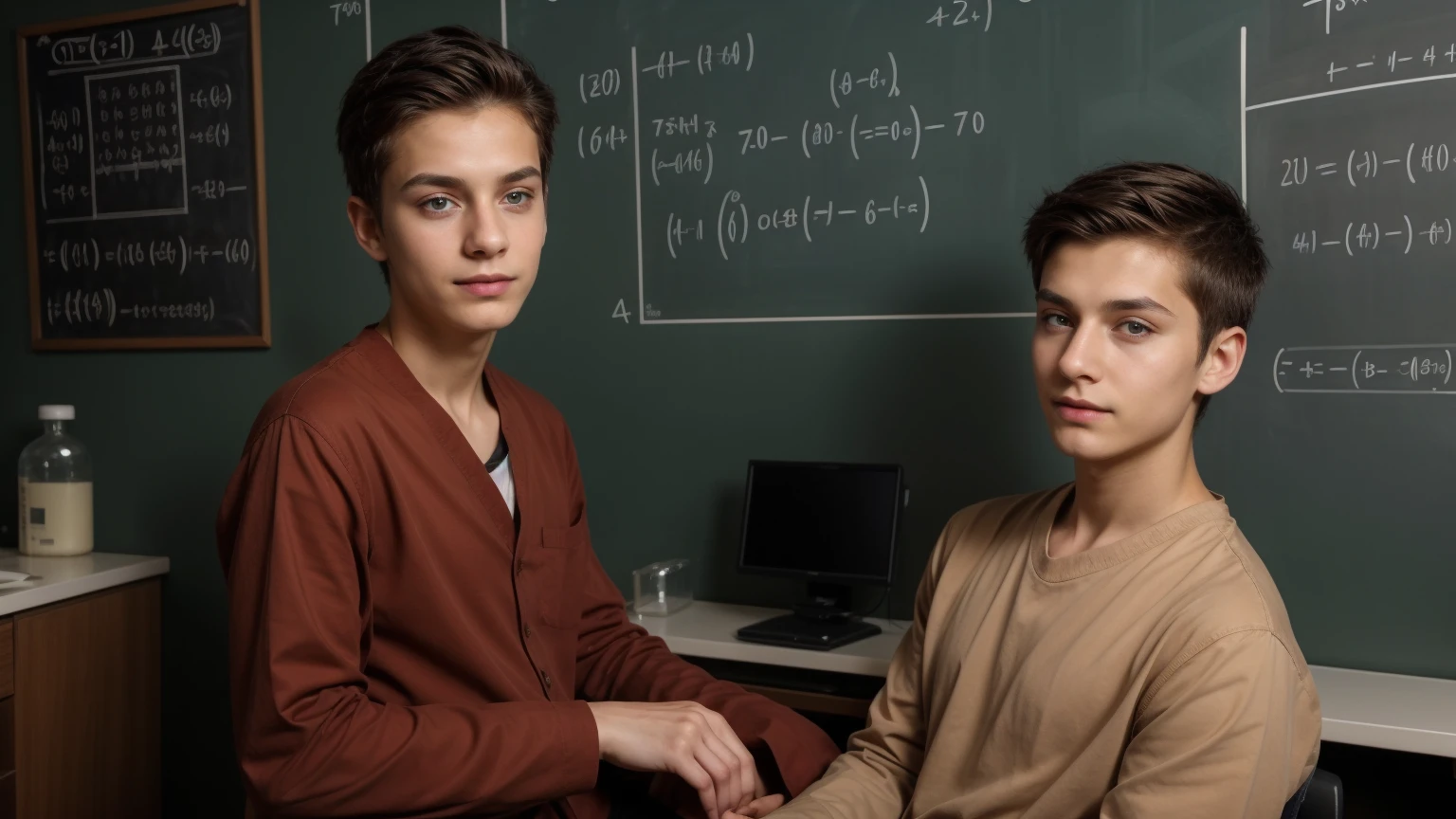 A beautiful young man, a cute male twink, with black hair, a face with reddish make-up, wearing a brown long-sleeved shirt and aqua blue pants. He is in his scientific medical office, and behind him is a blackboard with calculus and mathematical equations written on it, and he looks on proudly.