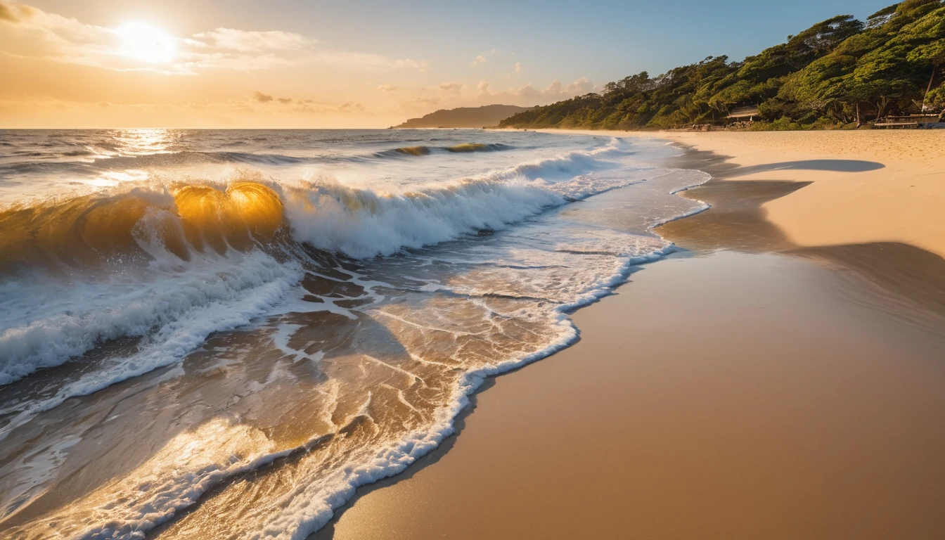 Photo taken with Sony A7IV with 18mm lens, golden beach scene, big waves, golden hour, golden sunshine and white sand (masterpiece, ultra quality, high resolution, 8k, intricate: 1.2), (masterpiece), (best quality:1)