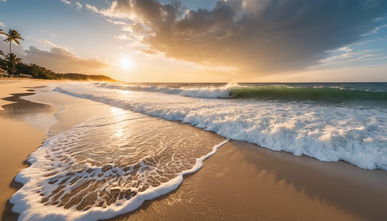 Photo taken with Sony A7IV with 18mm lens, golden beach scene, big waves, golden hour, golden sunshine and white sand (masterpiece, ultra quality, high resolution, 8k, intricate: 1.2), (masterpiece), (best quality:1)