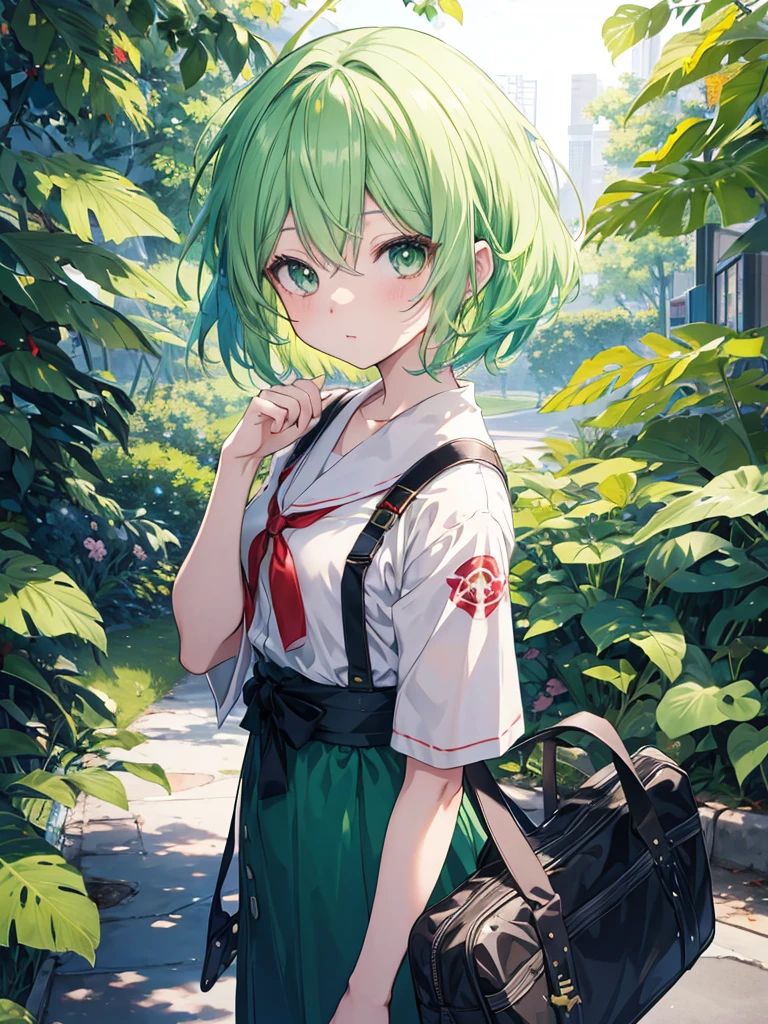 anime style 4 k, anime style. 8k,young anime girl, anime art wallpaper 8k, light green hair, no background, graduated haircut,