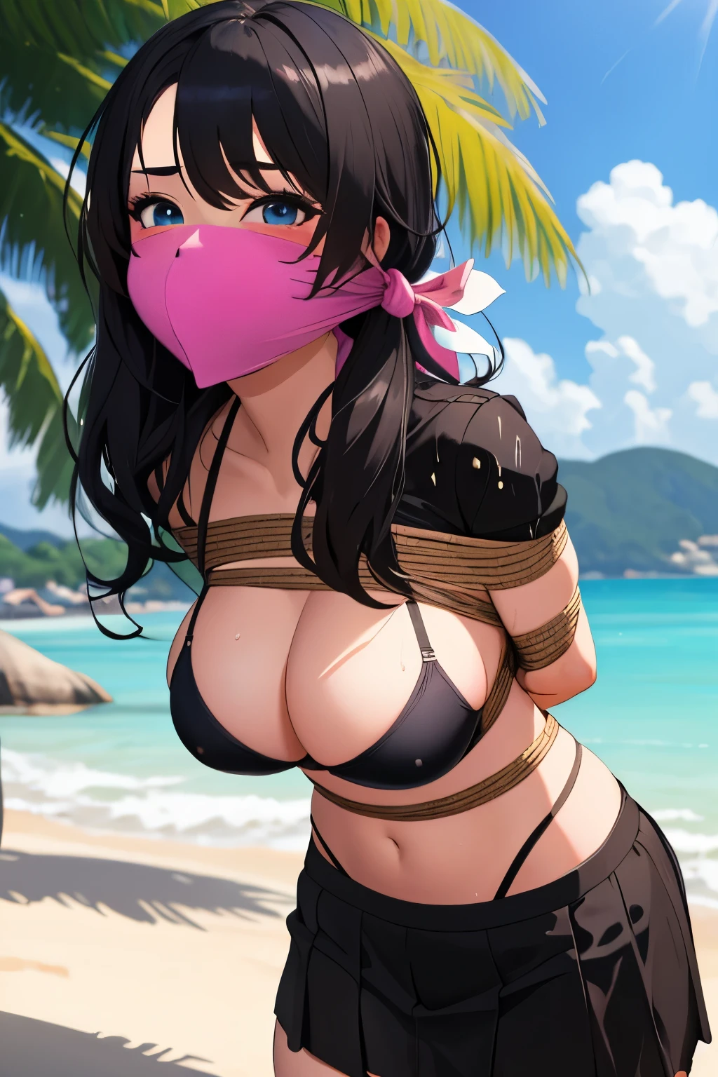 1 girl, detailed blue eyes, lange wimpern, detailed beautiful face, 4k quality, (Long black hair:1.4), (arms behind back:1.6), gefesselte Arme, Red rope, (blushing:1.2), (Big boobs:1.46), (black Bikini, black skirt with Bikini under, höschen mit seiten schnürung, 18 jears old:1.6), OTN, Gag, gagged, shibari, nah aufnahmen, wet skin, Front view, on a beach