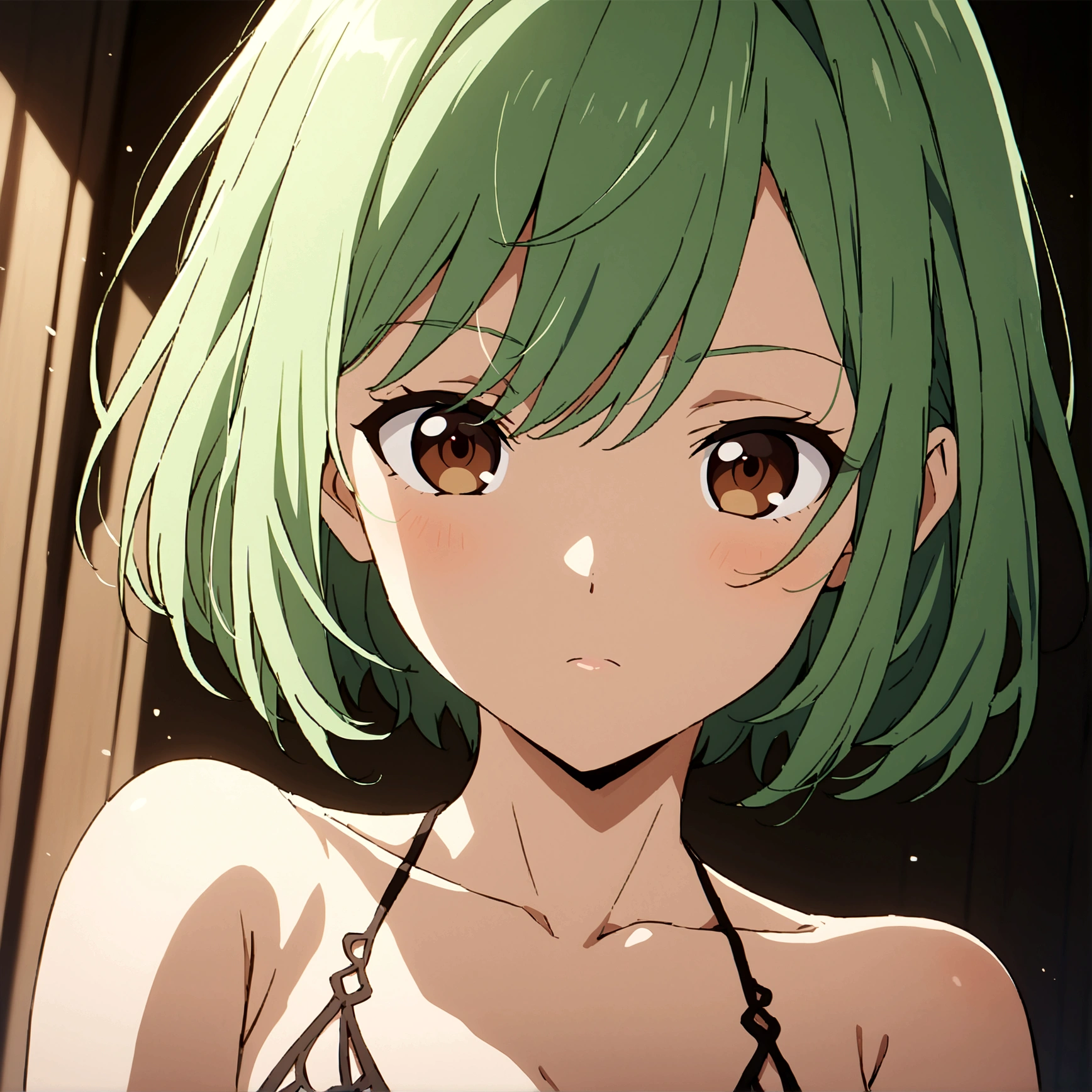 ((best quality)), (detailed), 1girl, , anime, green short hair, brown eyes, not sexy, beautiful