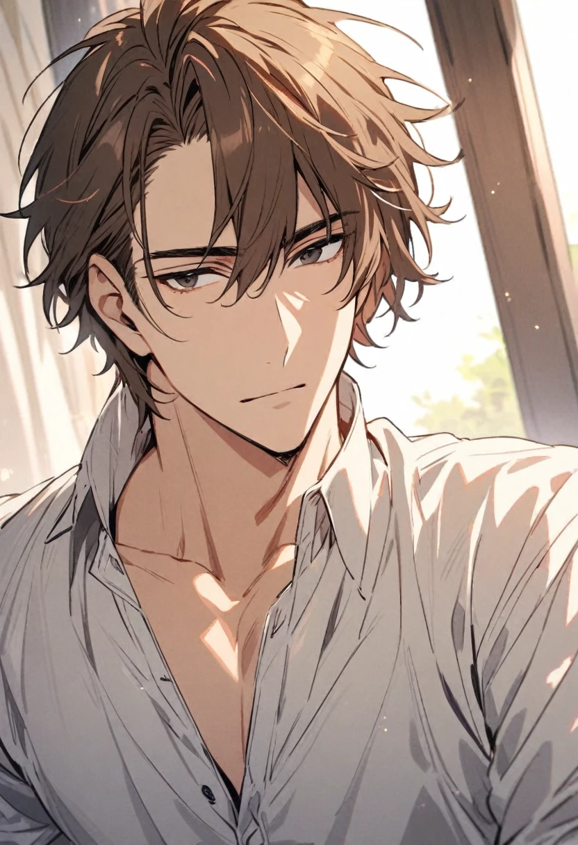 male, handsome, brown hair, black eyes, short hair