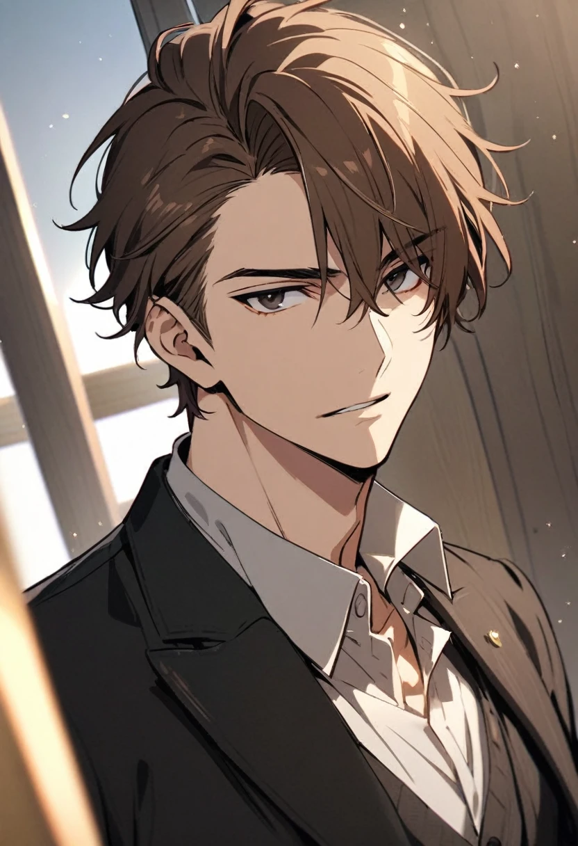 male, handsome, brown hair, black eyes, short hair