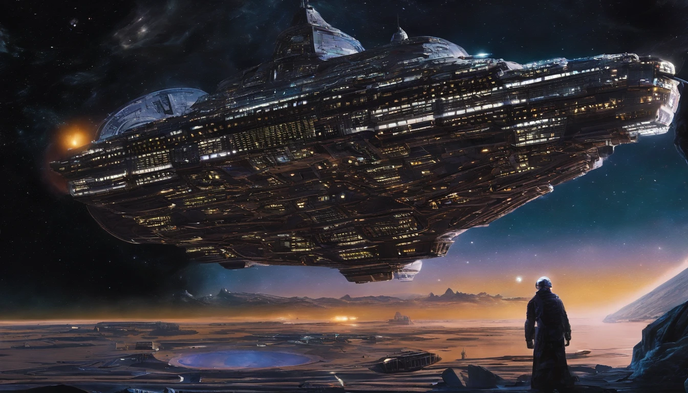 Make an epically humongous deep space nine space station, an Egyptian Pyramid, Babylon 5 with glowing windows mri machine millennium falcon, Rick Sternbach, Nicholas Meyer, George Lucas, Ridley Scott, Stanley Kubrick, Arthur C. Clarke, Larry Niven, cold metallic colors, dramatic space sky, 750k UHD resolution, 4D.Make an epically humongous deep space nine space station🛰️, an Egyptian Pyramid🛰️, Babylon 5 🛰️with glowing windows mri machine, washing machines, electrical power station, Chernobyl Nuclear Power Station,  2015 USA Aircraft Carrier, 1940s European printing press, millennium falcon. Use the styles of Rick Sternbach, James White, Walter "Matt" Jeffries, George Lucas, Ridley Scott, Stanley Kubrick, Arthur C. Clarke, Larry Niven, cold metallic colors, dramatic space sky, 750k UHD resolution, 4D. Insanely symmetrical design.