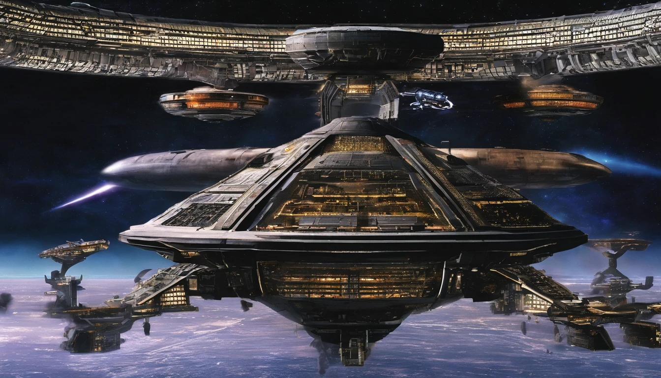 Make an epically humongous deep space nine space station, an Egyptian Pyramid, Babylon 5 with glowing windows mri machine millennium falcon, Rick Sternbach, Nicholas Meyer, George Lucas, Ridley Scott, Stanley Kubrick, Arthur C. Clarke, Larry Niven, cold metallic colors, dramatic space sky, 750k UHD resolution, 4D.Make an epically humongous deep space nine space station🛰️, an Egyptian Pyramid🛰️, Babylon 5 🛰️with glowing windows mri machine, washing machines, electrical power station, Chernobyl Nuclear Power Station,  2015 USA Aircraft Carrier, 1940s European printing press, millennium falcon. Use the styles of Rick Sternbach, James White, Walter "Matt" Jeffries, George Lucas, Ridley Scott, Stanley Kubrick, Arthur C. Clarke, Larry Niven, cold metallic colors, dramatic space sky, 750k UHD resolution, 4D. Insanely symmetrical design.