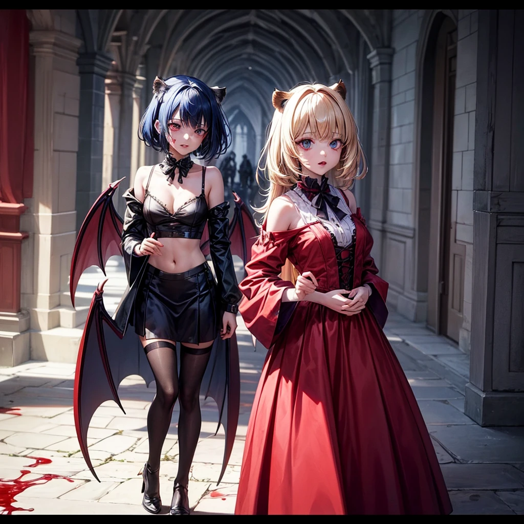 His chest was covered in blood、Anime girl with blood dripping from her chest, gapmoe Yandere grimdark, Shatia Bradfren, Bad guy anime 8k, Yandere intricate, portrait gapmoe Yandere grimdark, Vampire Girl, bloody + Concept Art, Yandere, Anime style 4k, Blood at the corner of mouth，Small tiger teeth，Devil Wings， Gothic girl anime long skirt，Red Moon，castle